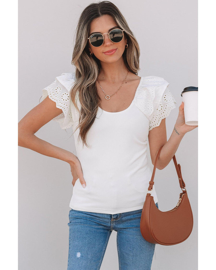 White Eyelet Ruffle Sleeve Slim Fitted Top - M