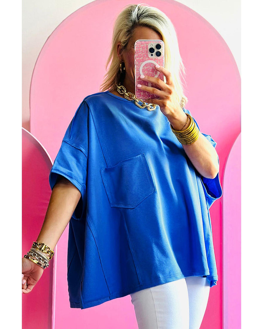 Blue Patched Pocket Exposed Seam Oversize T-shirt - M