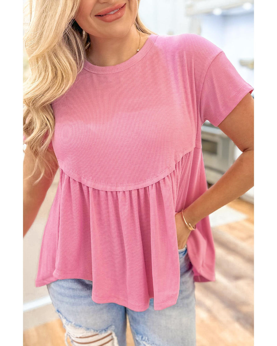 Peach Blossom Subtle Ribbed Short Sleeve Babydoll Top - S