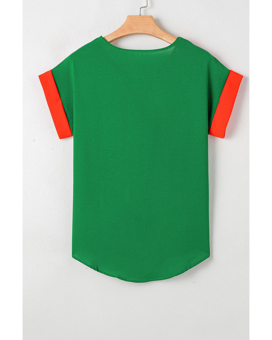 Rose Red Contrast Trim Color Block Front Zipped T Shirt - L