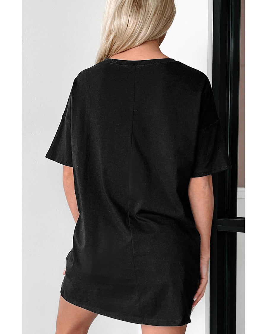 Black Solid Color Round Neck Basic Tunic T Shirt - M