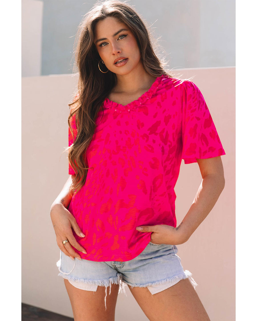 Rose Leopard Frilly V Neck Short Sleeve Blouse - M