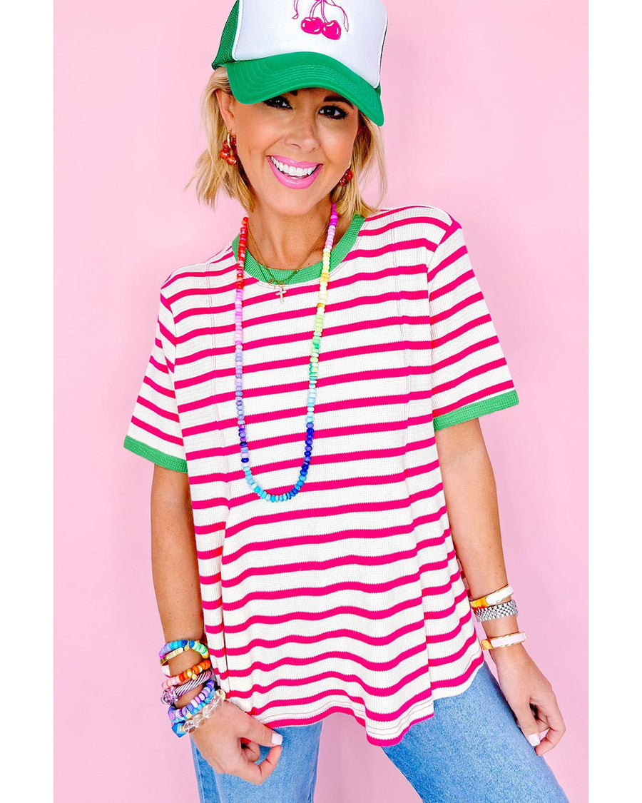 Rose Stripe Contrast Trim Crew Neck Loose Short Sleeve Top - M