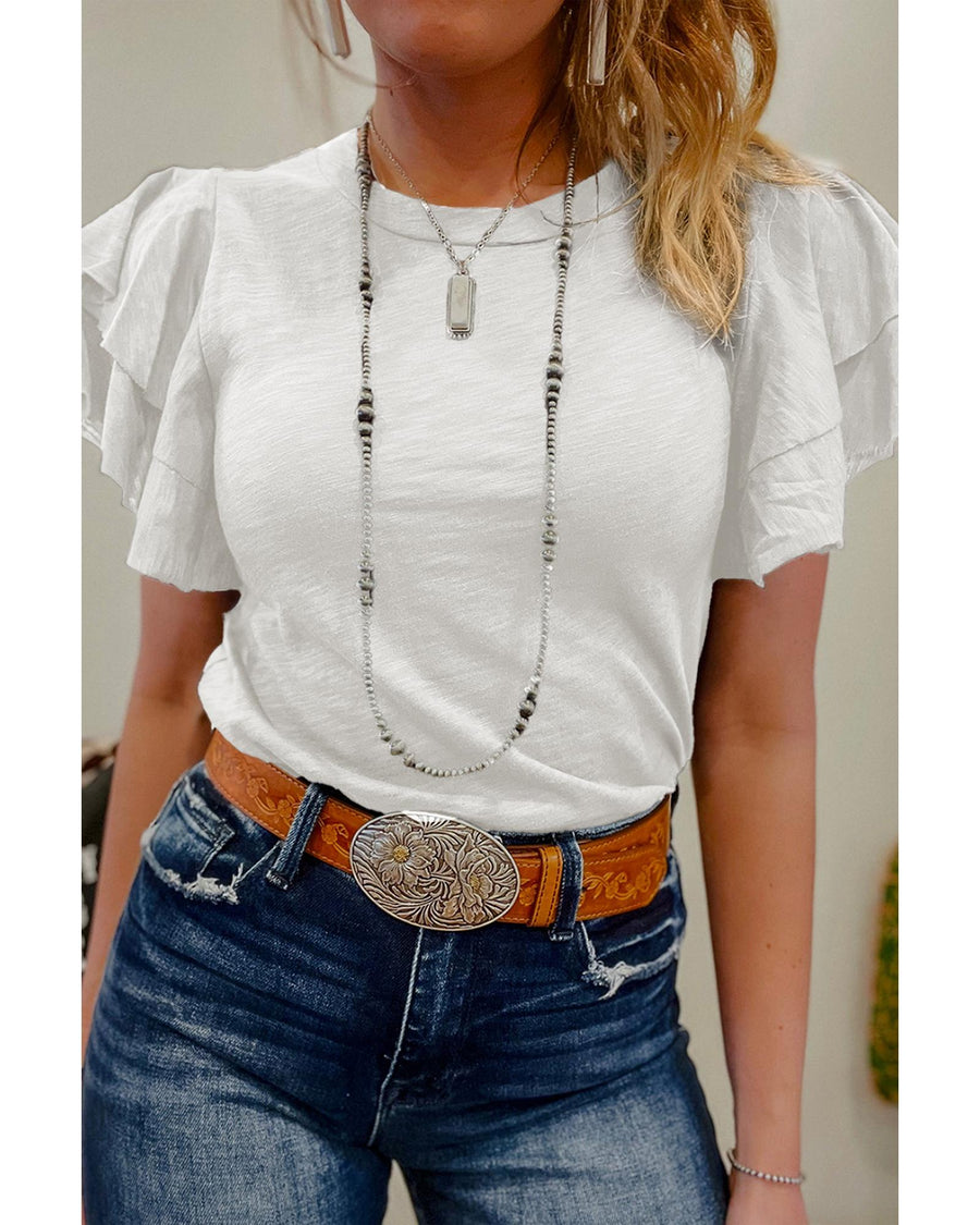 White Layered Ruffle Short Sleeve Round Neck Top - L