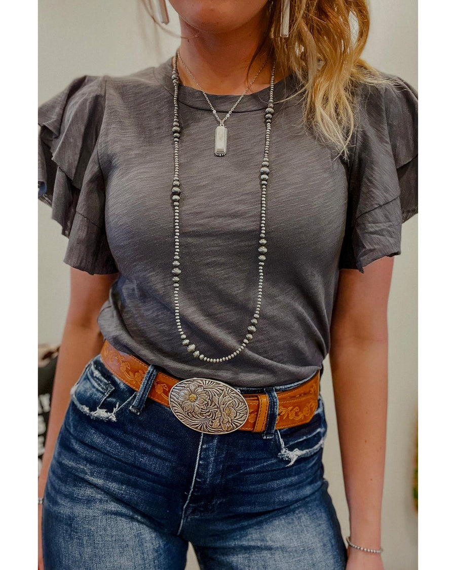 Dark Grey Layered Ruffle Short Sleeve Round Neck Top - L