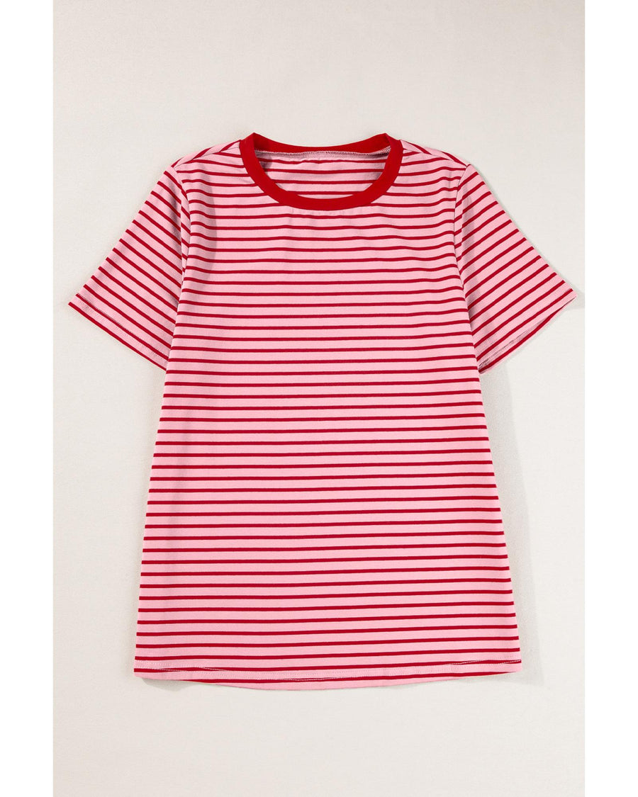 Pink Stripe Crew Neck Casual T Shirt - L