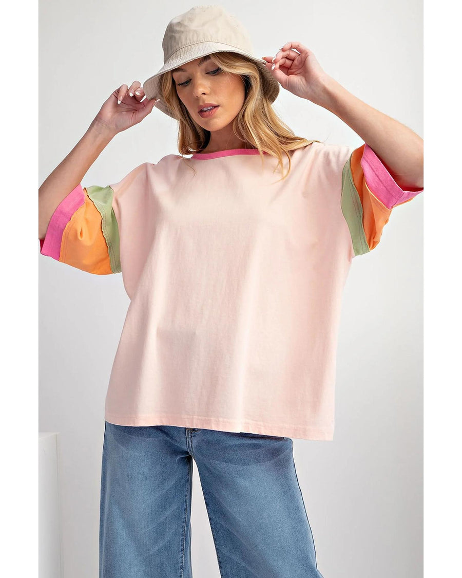 Pink Color Block Stitching Sleeve Round Neck Oversize Top - L