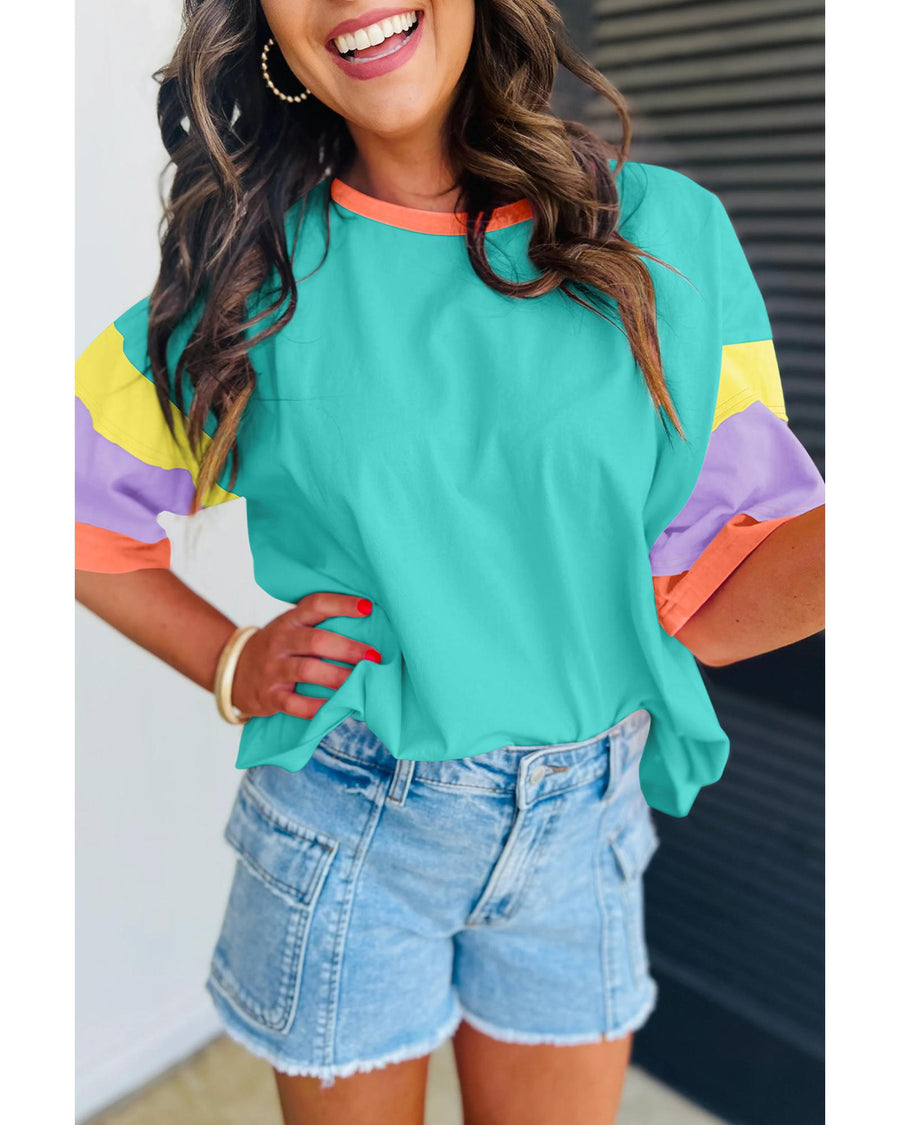 Light Blue Color Block Stitching Sleeve Round Neck Oversize Top - L