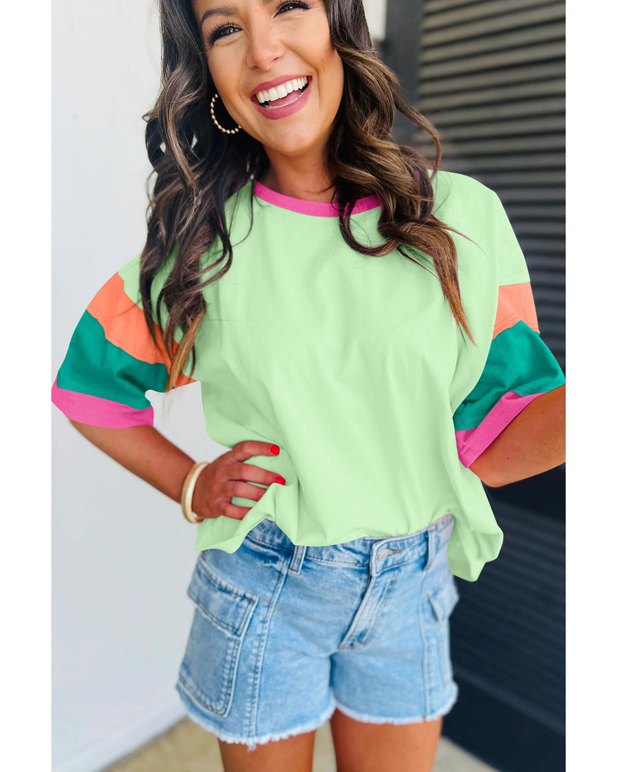 Green Color Block Stitching Sleeve Round Neck Oversize Top - XL