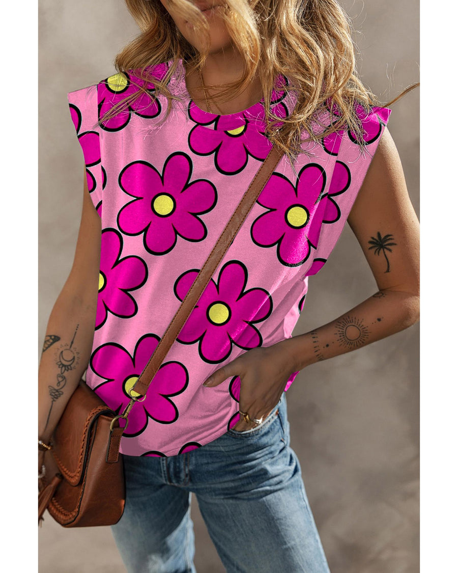 Pink Flower Print Round Neck Cap Sleeve T Shirt - L