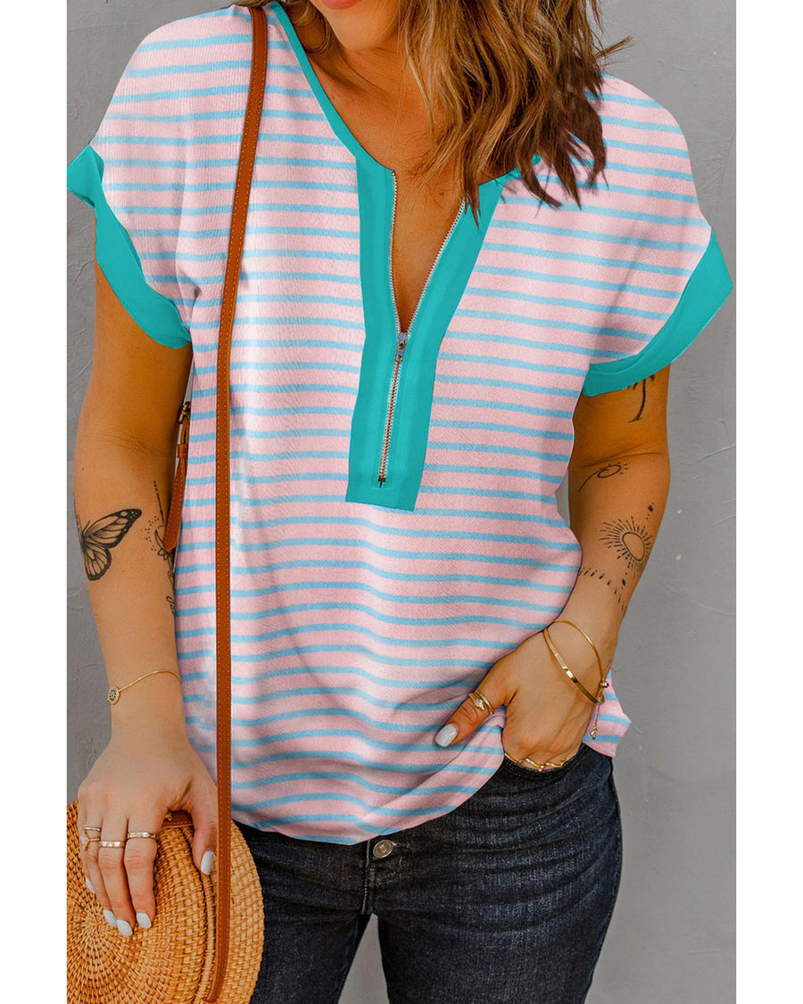 Pink Stripe Contrast Trim Half Zip Short Sleeve Top - L