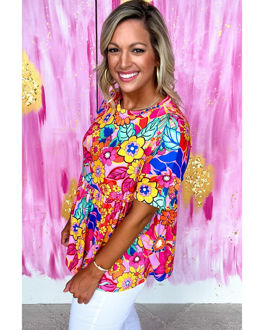 Rose Floral Print Short Sleeve Pleated Babydoll Top - M
