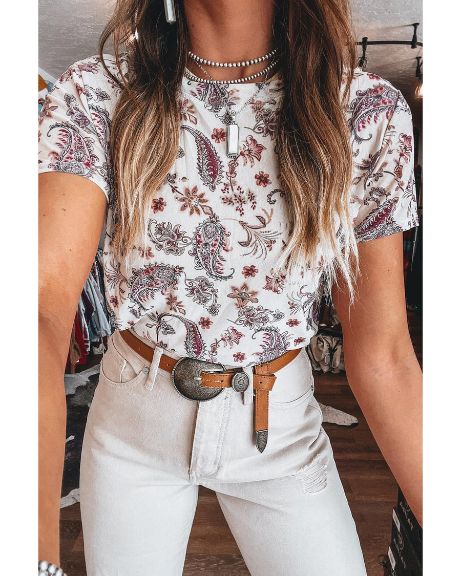 White Vintage Paisley Mock Neck T Shirt - L
