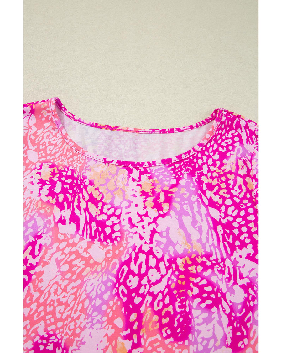 Rose Classic Leopard Print Handkerchief Hem Tunic Top - L
