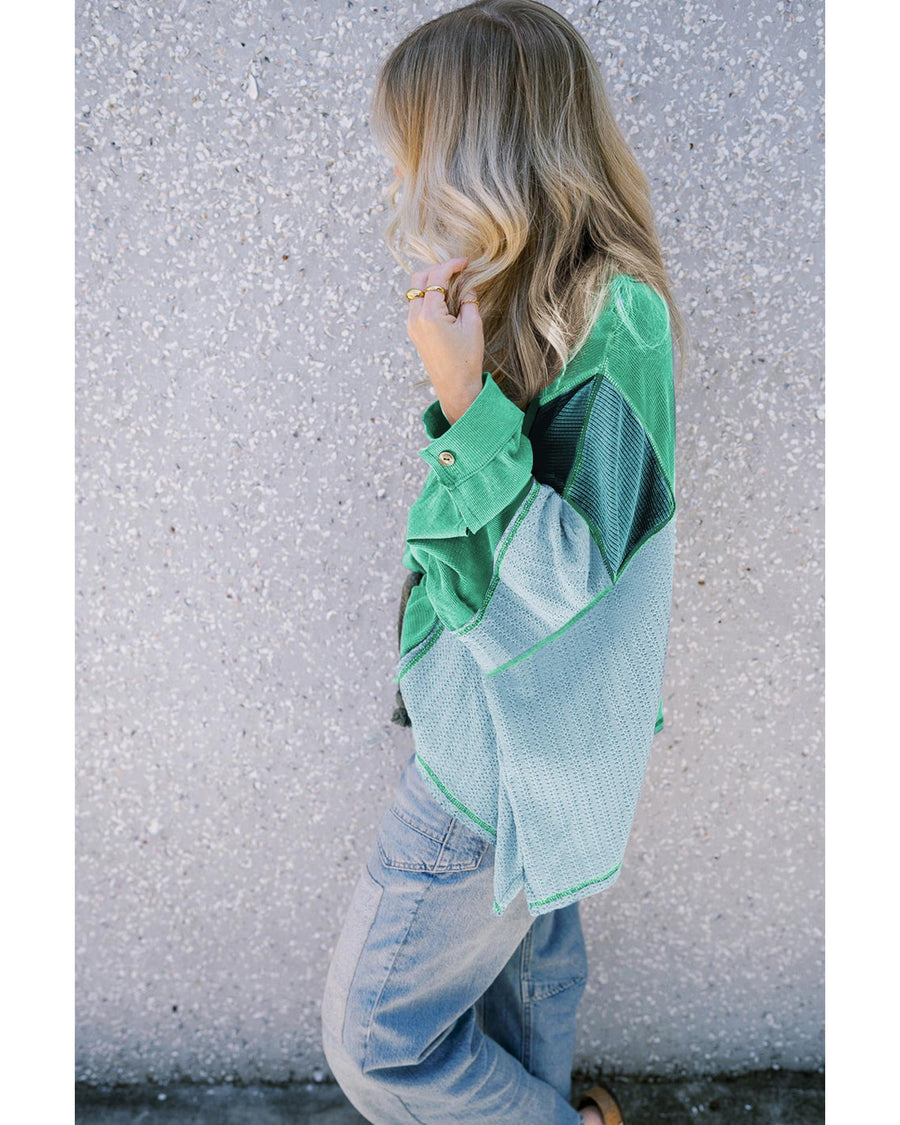 Green Colorblock Stitching Patchwork Buttoned Long Sleeve Top - XL