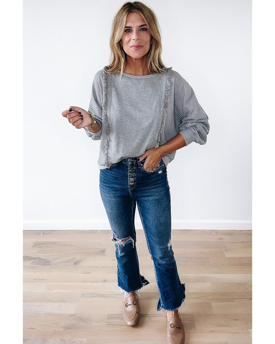 Light Grey Waffle Patchwork Long Sleeve Raw Hem Pullover Top - S