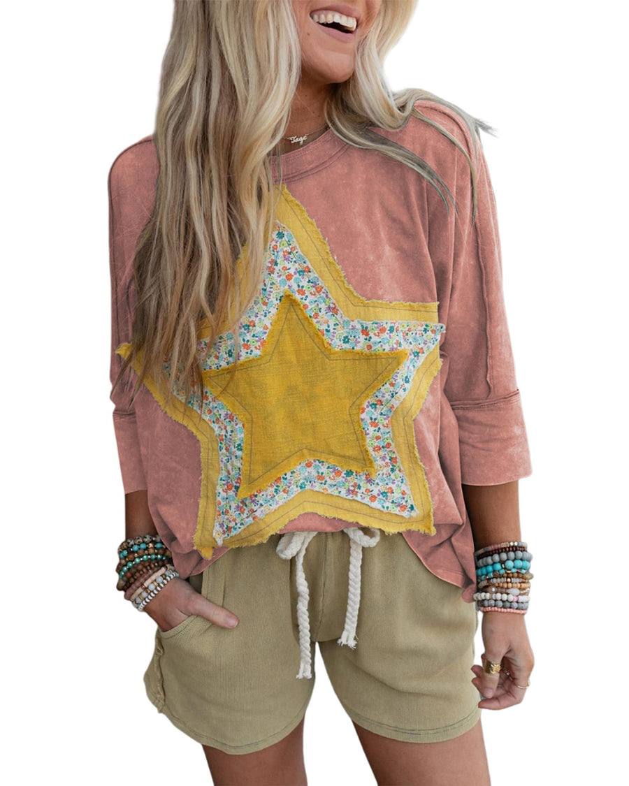 Rose Tan Floral Starbust Exposed Seam Mineral Wash Top - XL