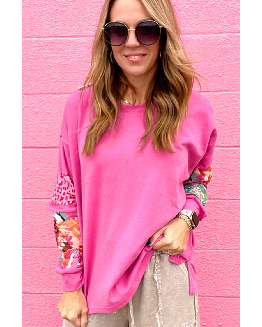 Sachet Pink Mixed Print Patch Drop Shoulder Pullover Top - S