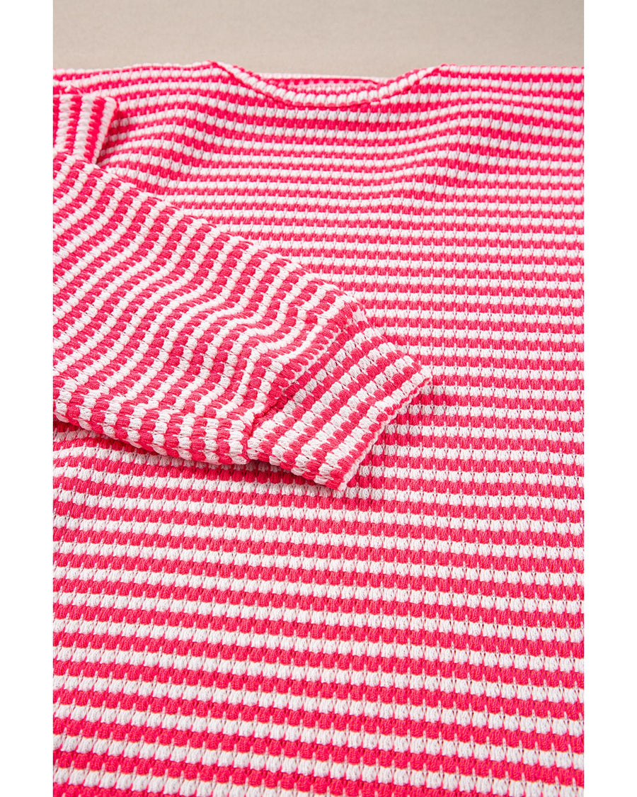 Rose Stripe Round Neck Drop Shoulder Long Sleeve Top - S