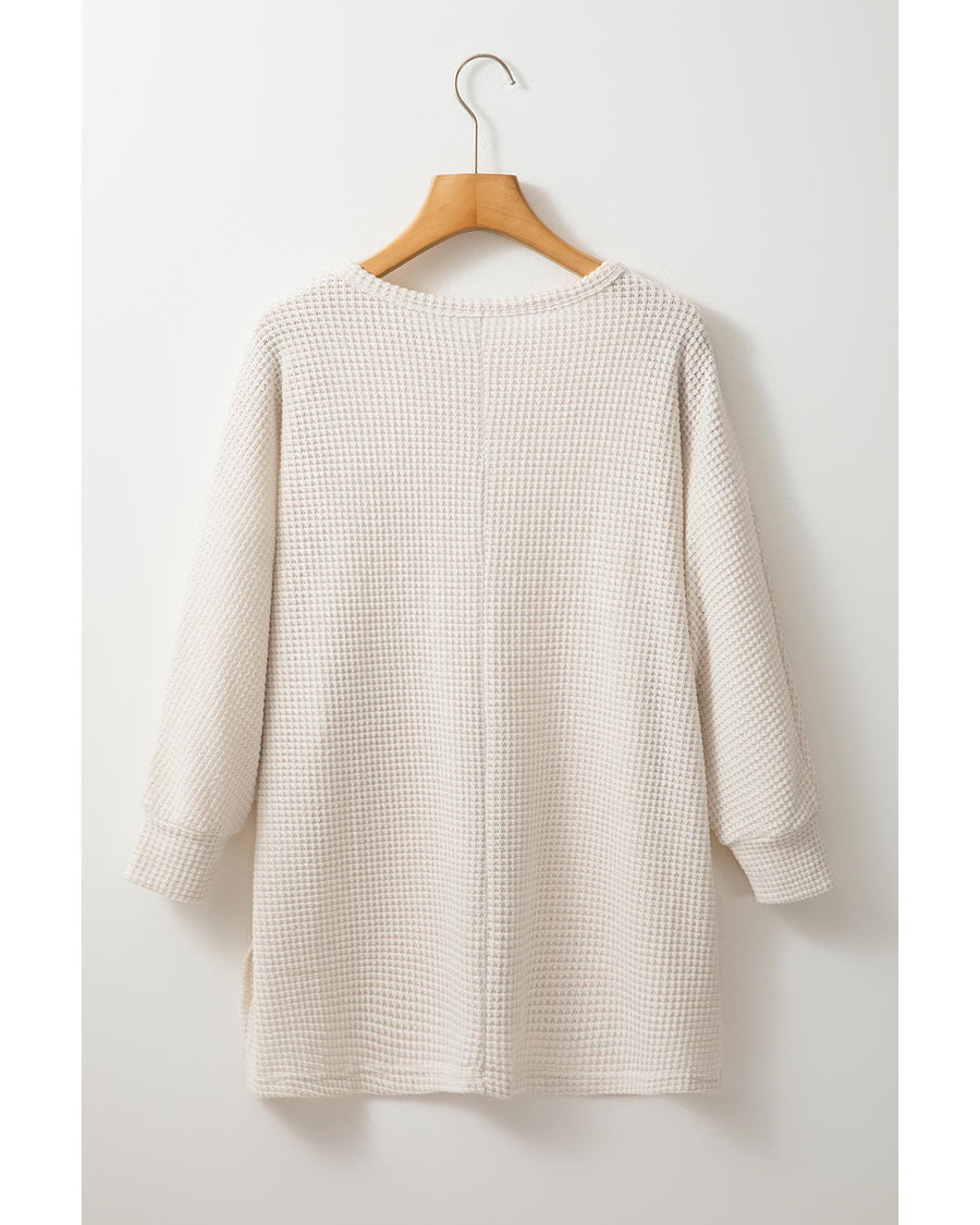 Apricot Waffle Knit Splits Batwing Sleeve Oversized Top - L