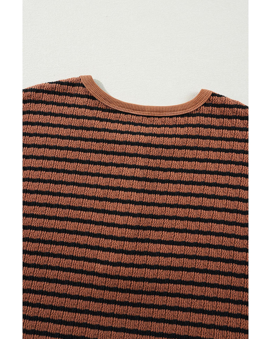 Brown Stripe Textured Frilly Trim Buttons Henley Long Sleeve Top - M