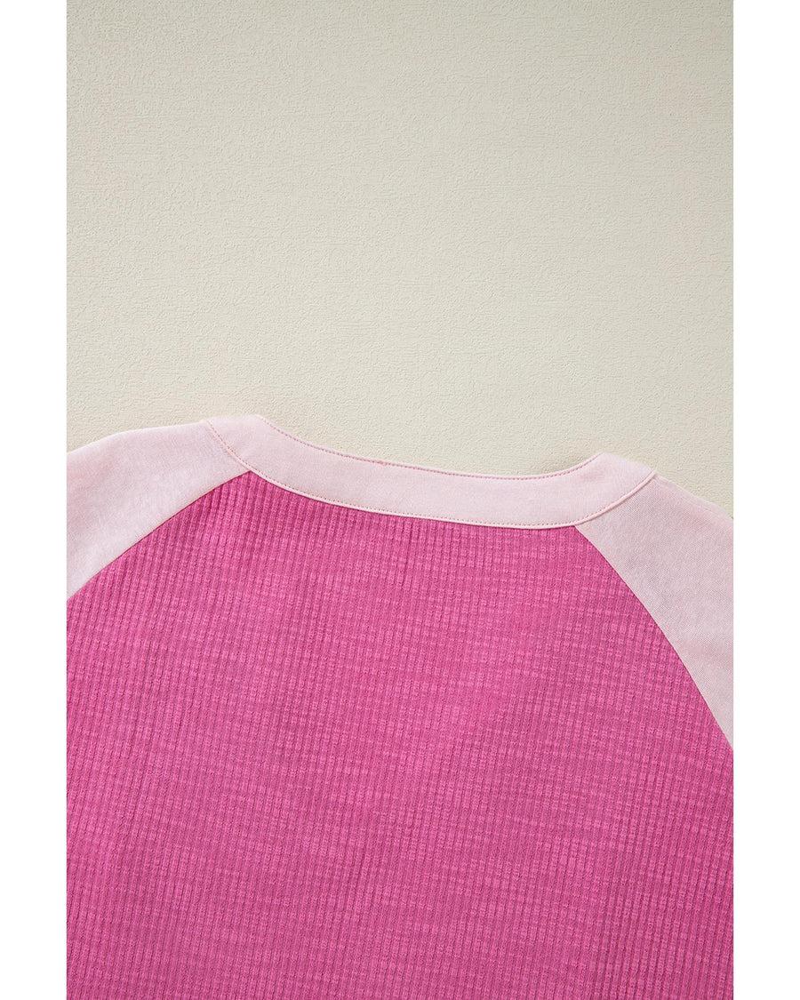 Bright Pink Textured Colorblock 3/4 Sleeve Oversize Top - M