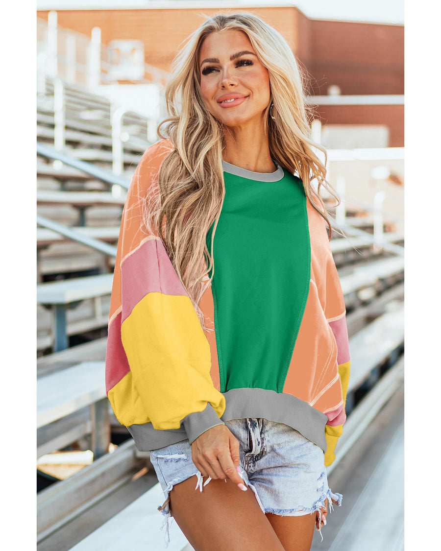 Dark Green Colorblock Patchwork Exposed Stitching Oversize Top - S