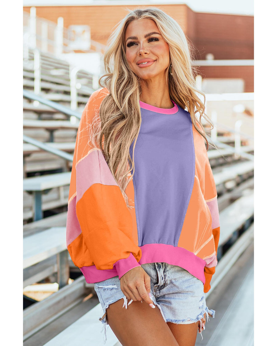 Orchid Petal Colorblock Patchwork Exposed Stitching Oversize Top - 2XL