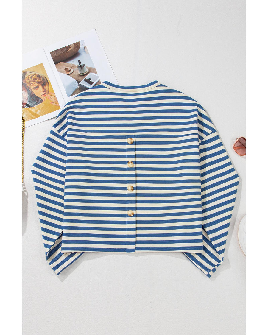 Sky Blue Stripe Chest Pocket Buttoned Back Notched V Neck Top - L