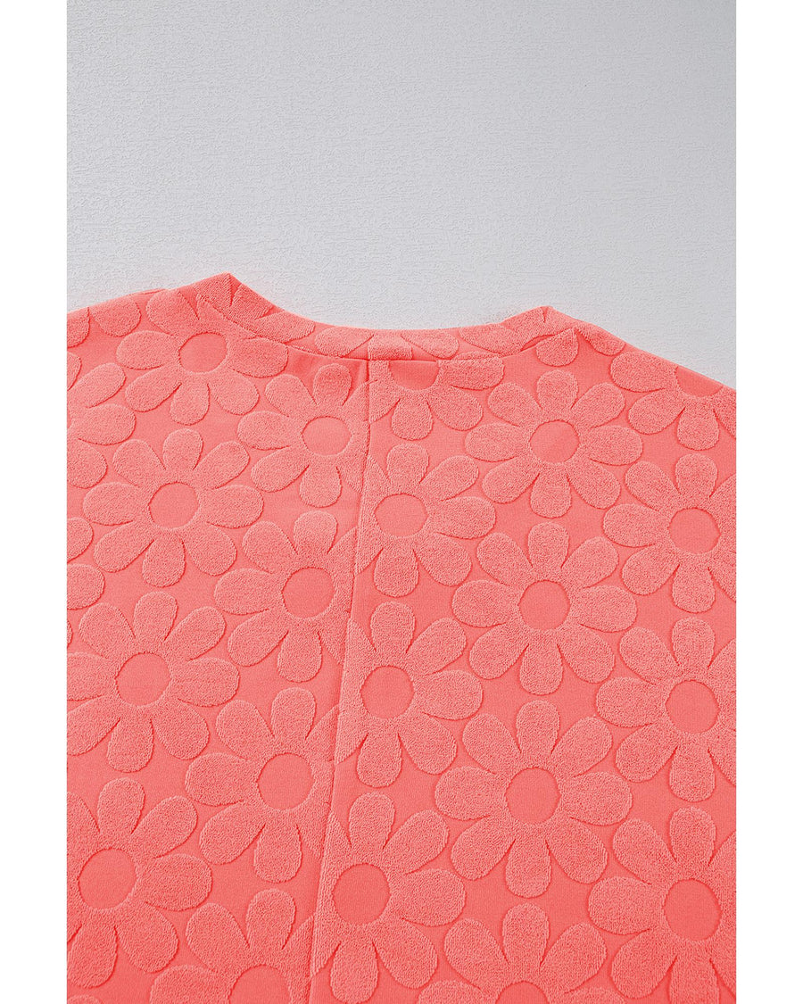 Apricot Pink Oversized Floral Jacquard V Neck Long Sleeve Top - S