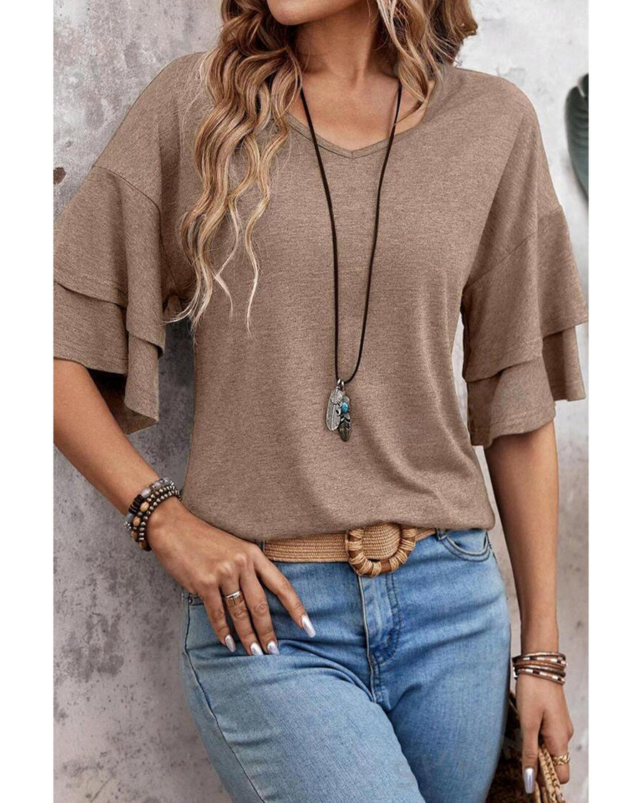 DUNE Solid Colour V-Neck Double Layer Sleeve Loose T-Shirt - L