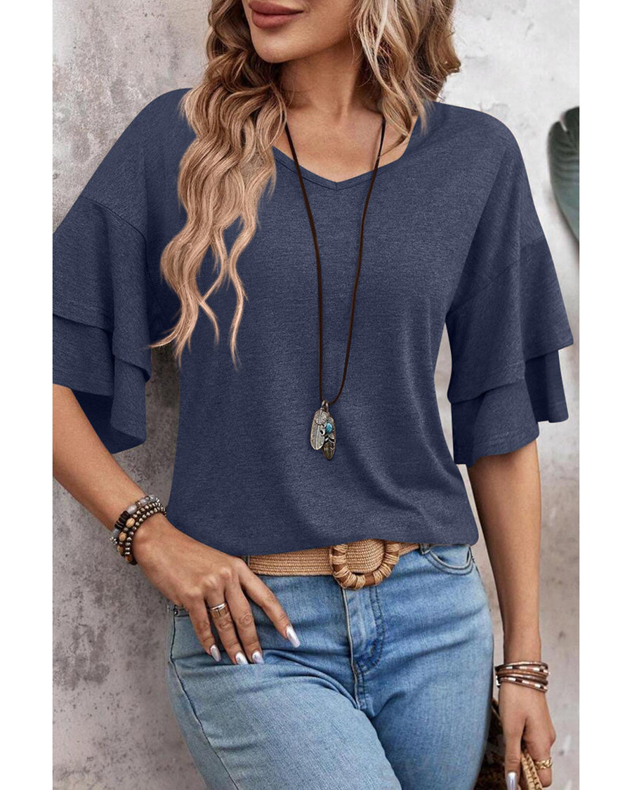 Sail Blue Solid Colour V-Neck Double Layer Sleeve Loose T-Shirt - M