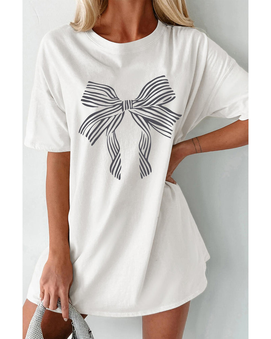 White Striped Bow Knot Half Sleeve Tunic T Shirt - M