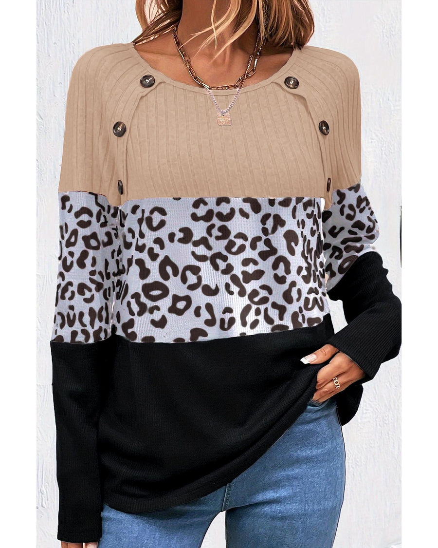 Black Cheetah Textured Patchwork Buttoned Round Neck T Shirt - XL