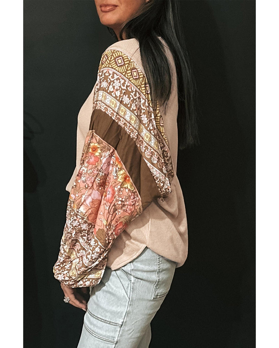 Parchment Contrast Floral Patchwork Puff Sleeve Waffle Knit Top - M