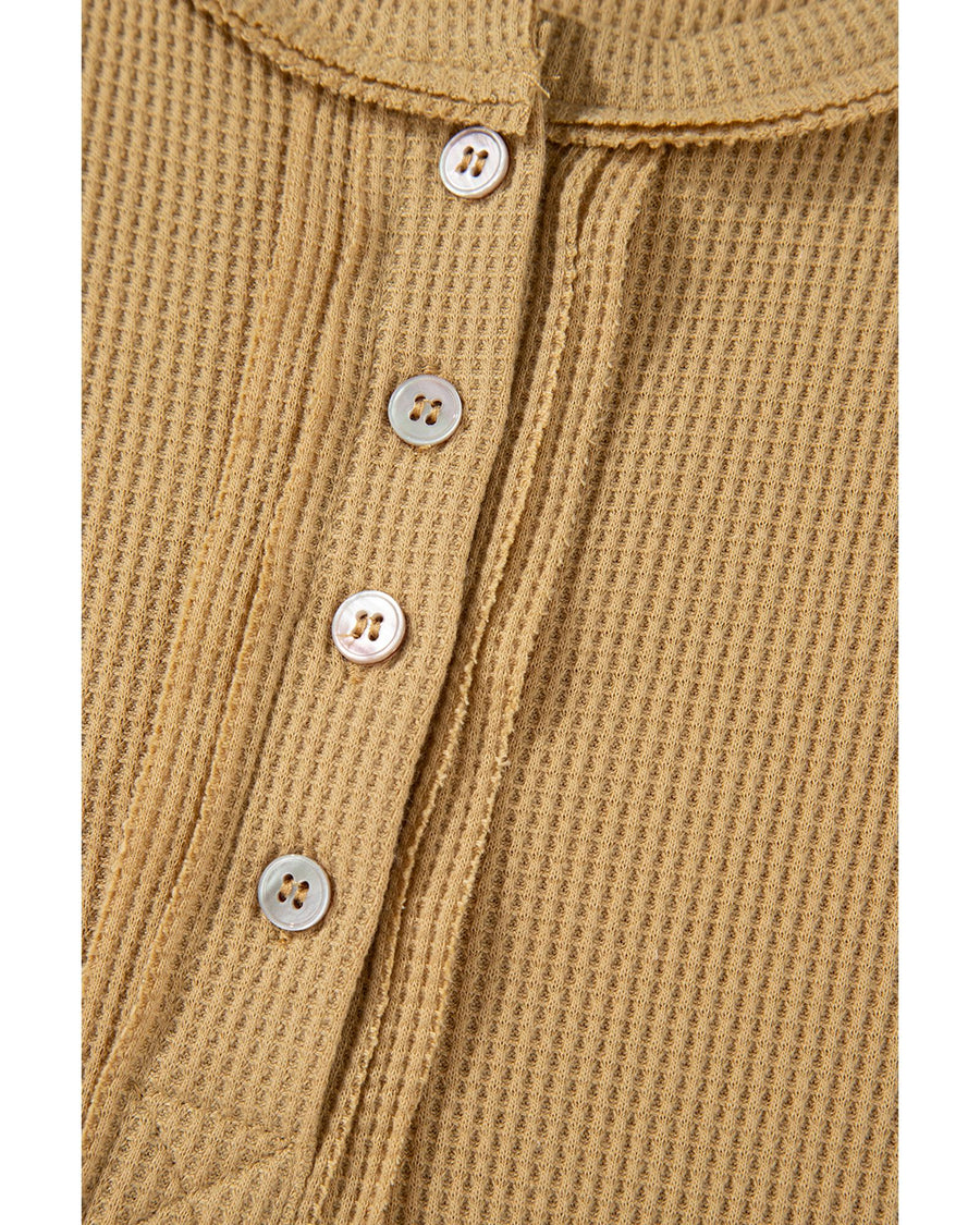 Camel Textured Knit Half Button Drop Shoulder Oversized Top - L