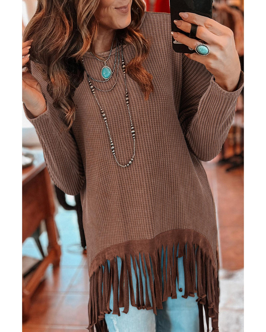 Coffee Waffle Knit Fringed High Low Loose Top - L