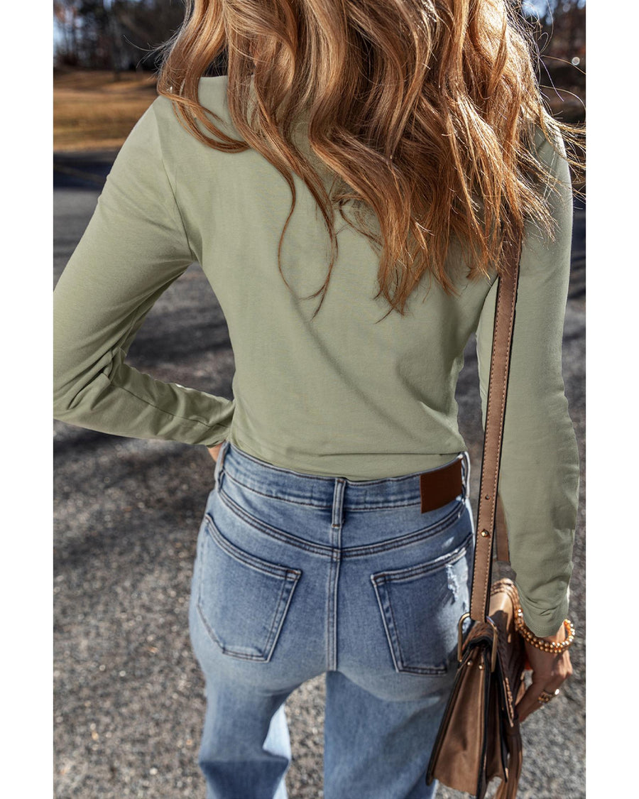 Laurel Green Long Sleeve Buttons V Neck Slim Fit Top - L
