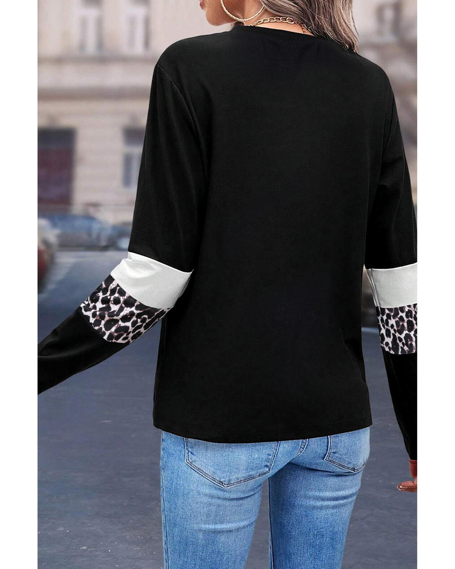 White Leopard Colorblock Patchwork Crew Neck Long Sleeve Tee - M