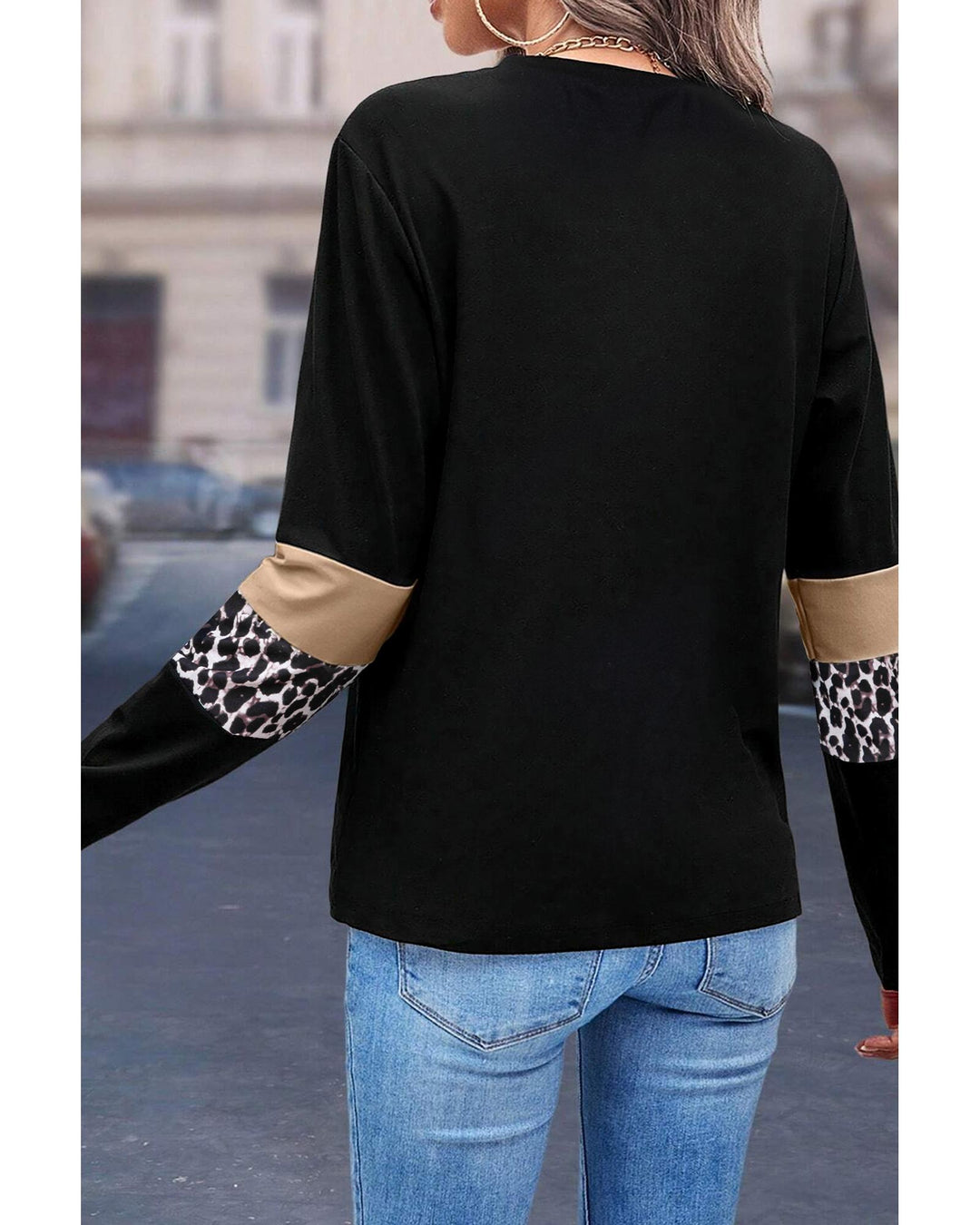 Khaki Leopard Colorblock Patchwork Crew Neck Long Sleeve Tee - L