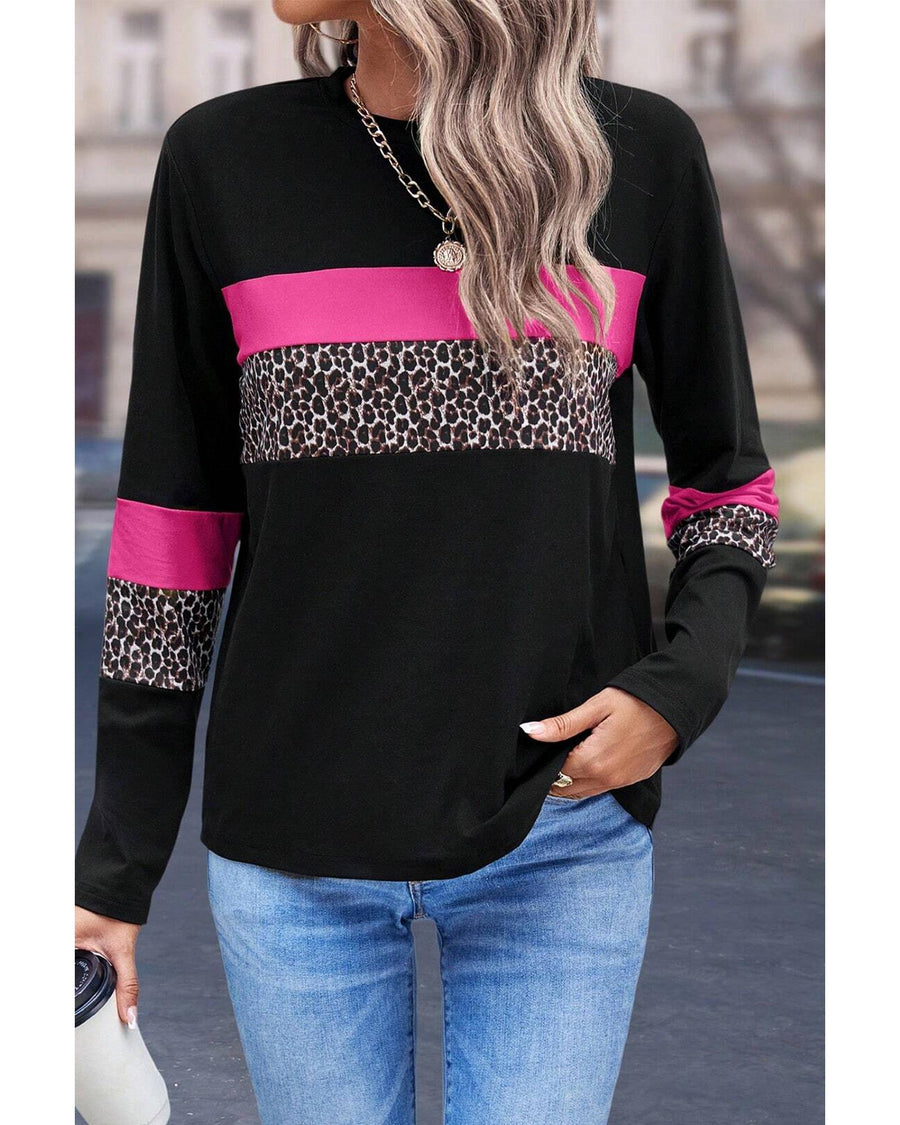 Rose Leopard Colorblock Patchwork Crew Neck Long Sleeve Tee - L