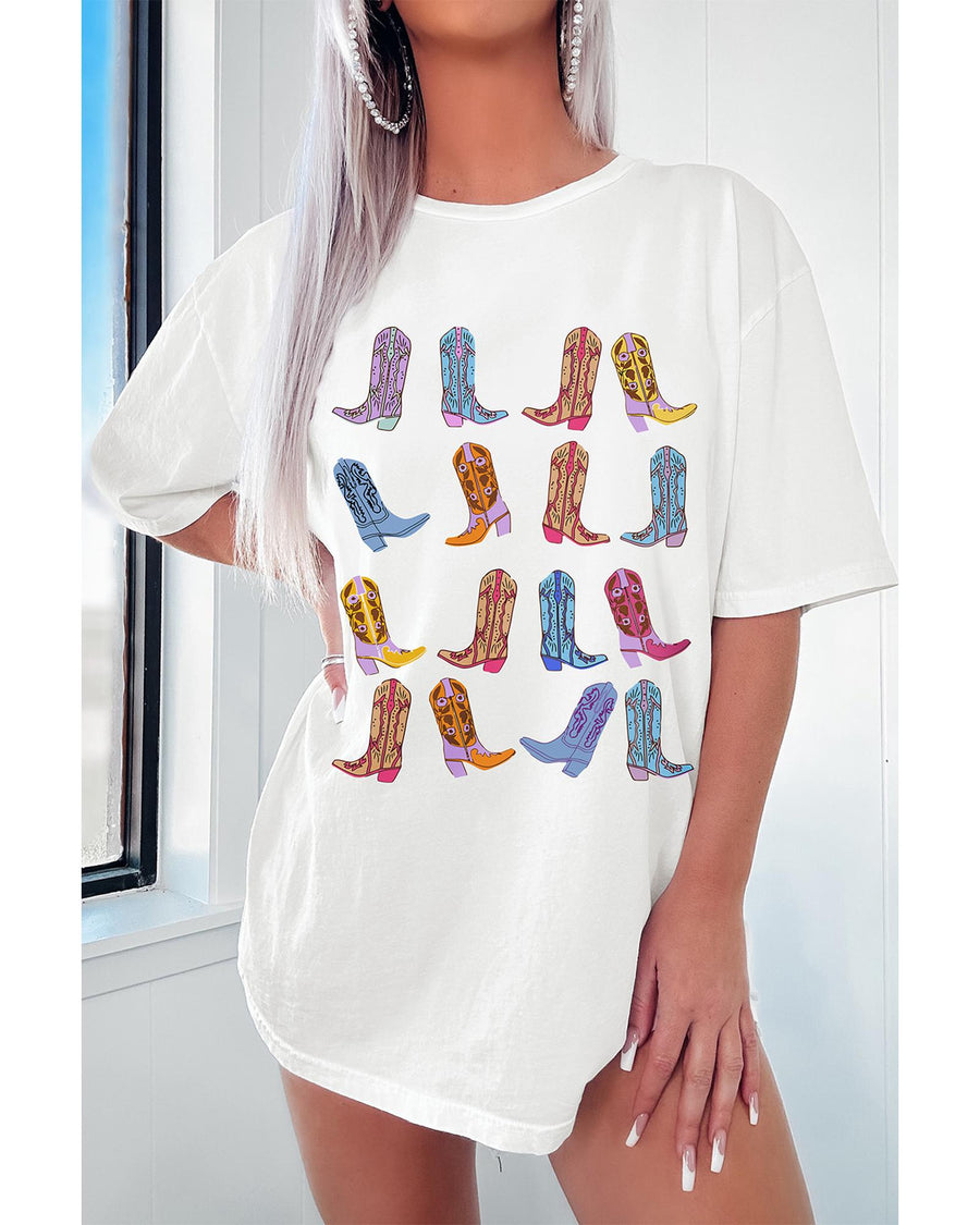 White Western Cowgirl Boots Graphic Crewneck Tunic T Shirt - M