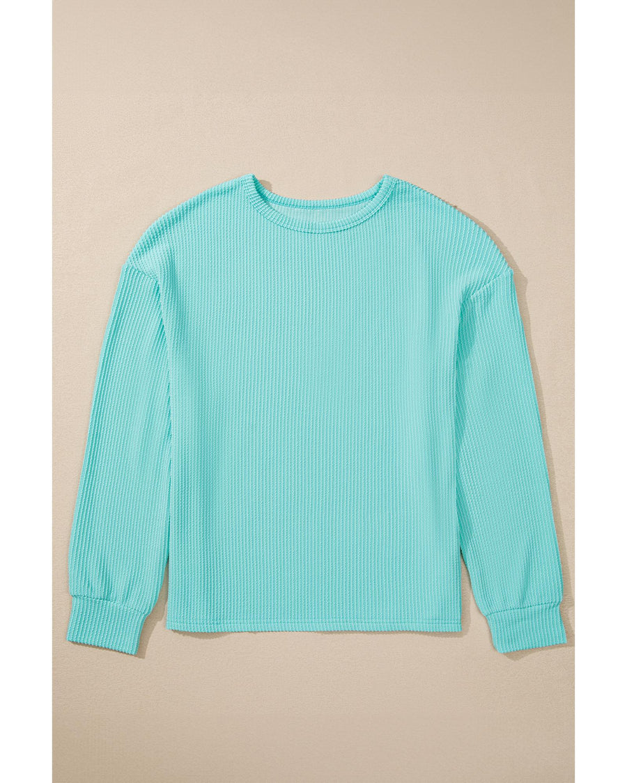 Aruba Blue Solid Color Corded Knit Round Neck Top - XL