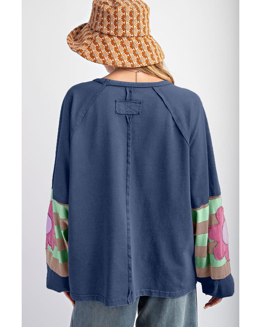 Sail Blue Flower Patchwork Raglan Sleeve Exposed Seam Oversized Top - XL