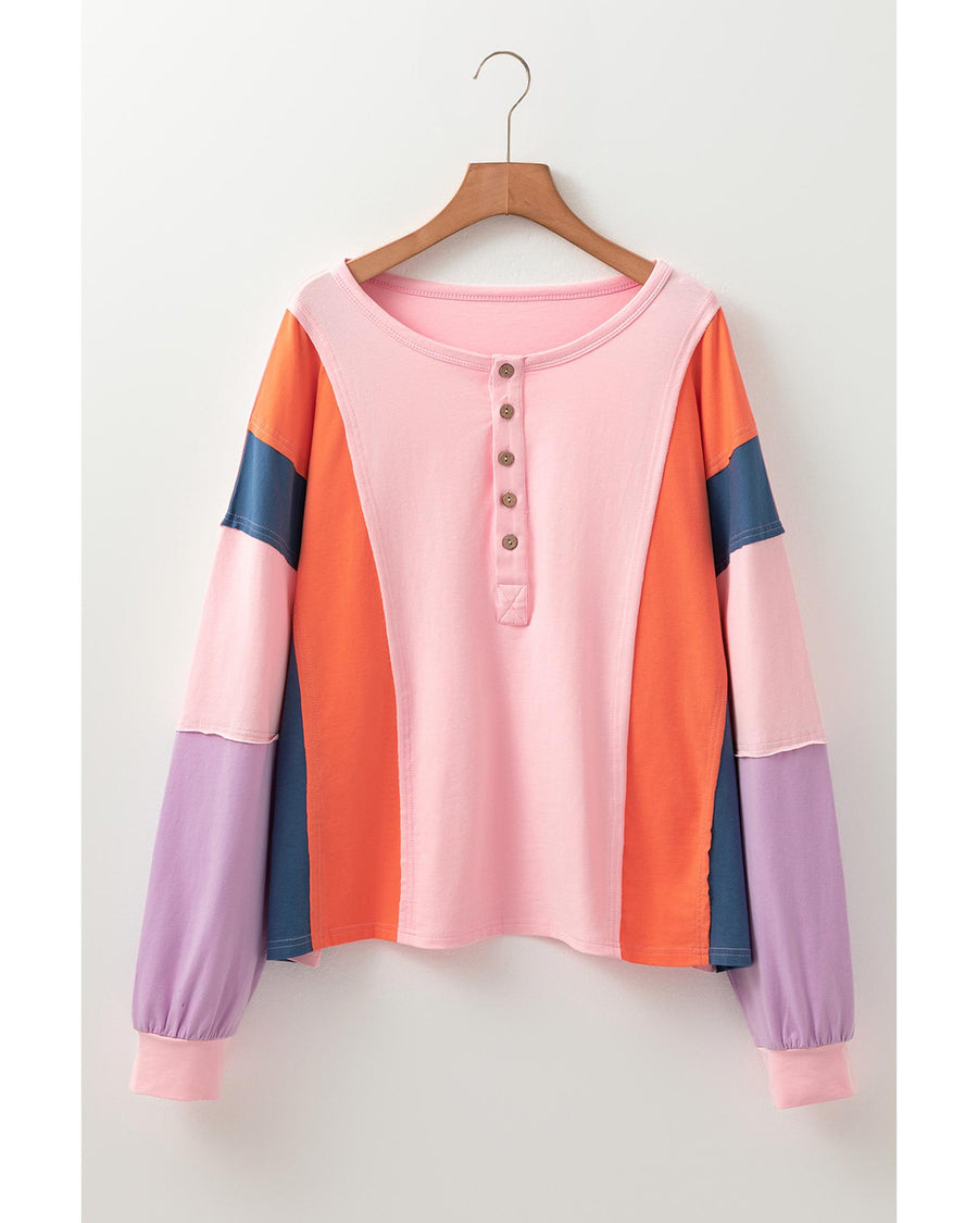 Pink Colorblock Long Sleeve Buttons Henley Top - M