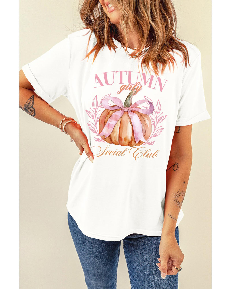 White Autumn Girly Thanksgiving Bowknot Pumpkin Graphic T Shirt - XL