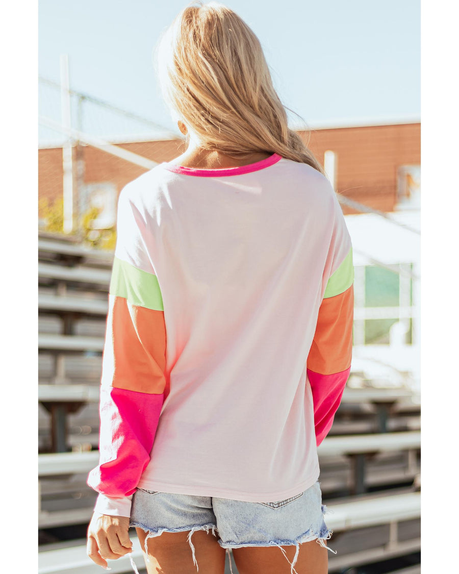Pink GAME DAY Rugby Football Graphic Color Block Sleeve Top - XL