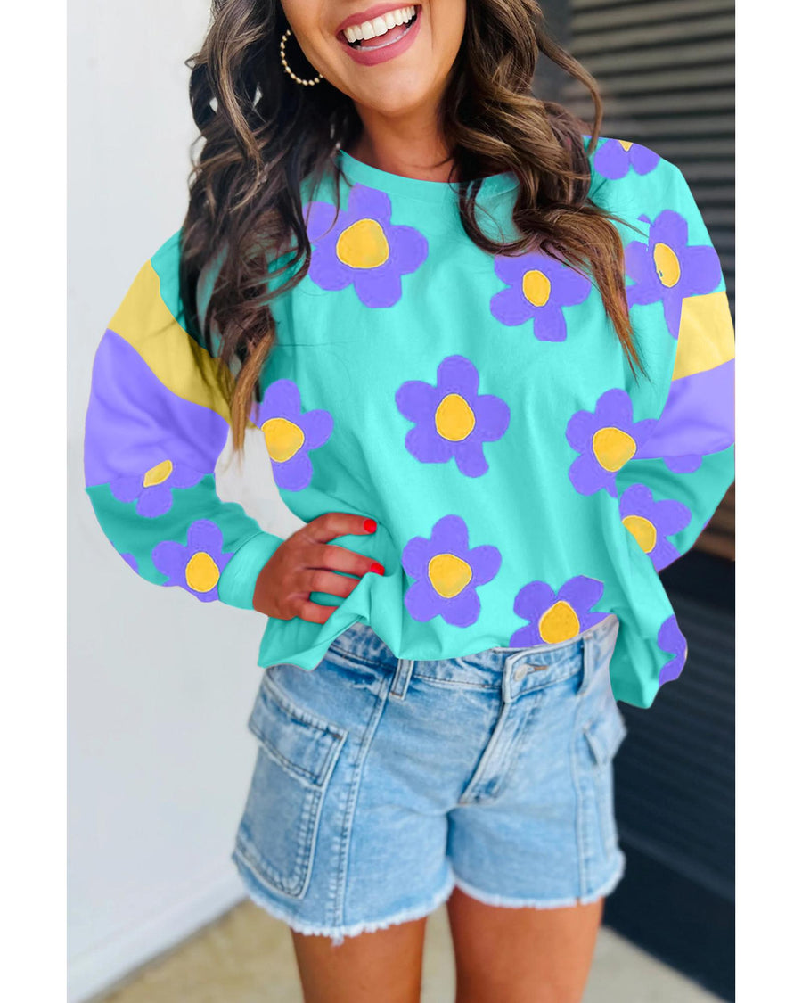 Sky Blue Floral Color Block Long Sleeve Loose Top - L
