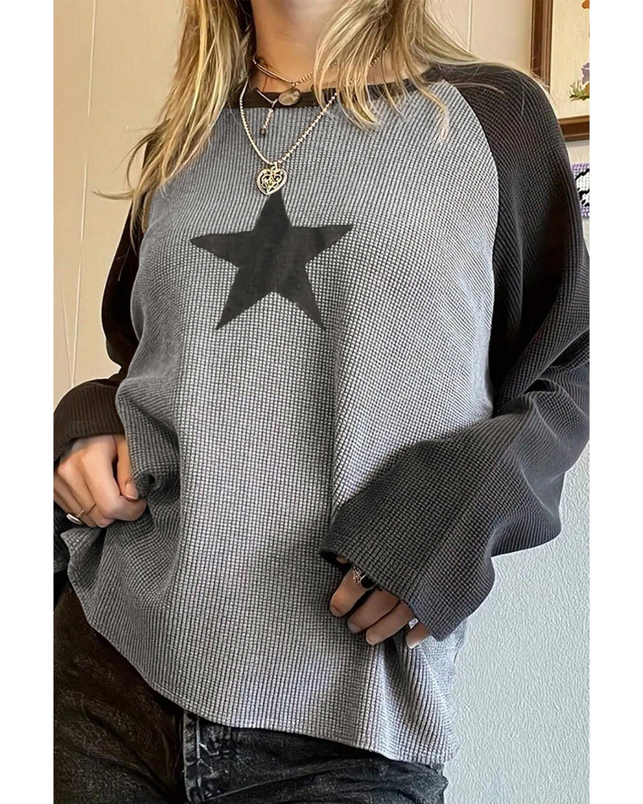High Waffle Knit Colorblock Star Patch Graphic Raglan Top - L