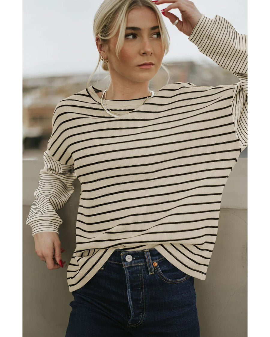 Black Striped Patchwork Loose Long Sleeve Tee - XL